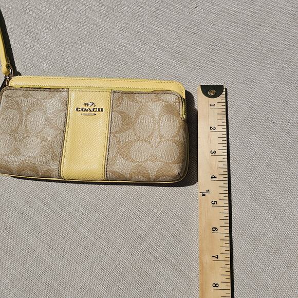 Coach Signature Yellow and Tan Zip around Wallet 2 zippers Wrist Strap - Picture 8 of 10